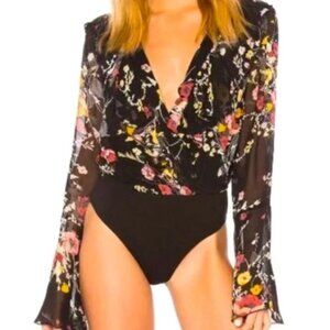 New Band Of Gypsies‎ Black Floral Sheer Long Sleeve Bodysuit Size S Whimsygoth